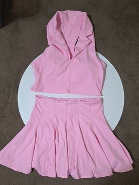 Pink Hooded Crop Top and Skater Skirt Set